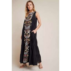 Anthropologie Samant Chauhan Black Jacaranda Tiered Maxi Dress Embroidered 8